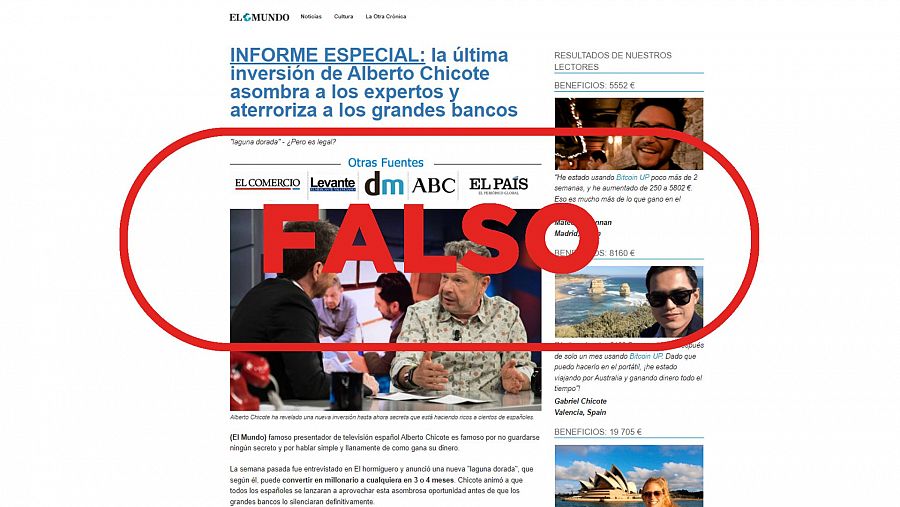 Página web que utiliza la imagen de Alberto Chicote sin su consentimiento para promocionar una plataforma de criptomonedas, con el sello 'Falso' en rojo