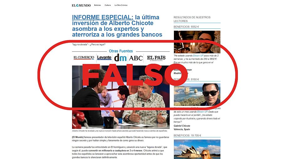 Página web que utiliza la imagen de Alberto Chicote sin su consentimiento para promocionar una plataforma de criptomonedas, con el sello 'Falso' en rojo