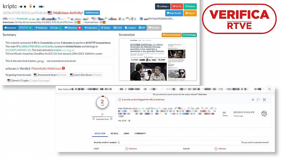 Capturas de Urslcan.io y Virus Total que avisan de contenido malicioso, con el sello 'VerificaRTVE' en rojo