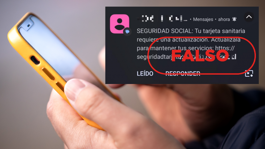 Estafa a través de SMS que suplanta a la Seguridad Social. De fondo una imagen de recurso de una persona sujetando un teléfono. Con el sello rojo bulo.