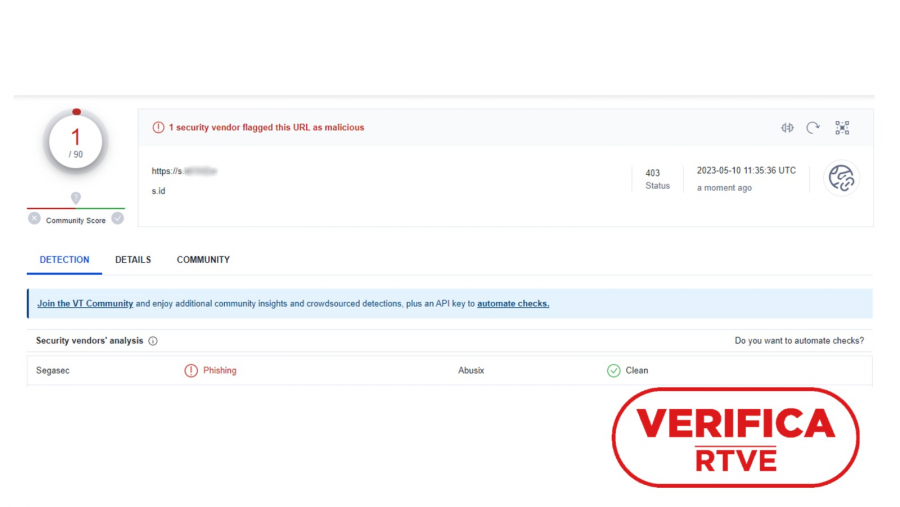 El enlace analizado en la herramienta VirusTotal que alerta de contenido malicioso. Con el sello VerificaRTVE en rojo.