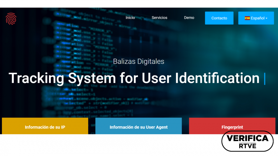 Página web de la plataforma Balizas Digitales donde se indica el tipo de información que obtienen sobre la identificación de los usuarios y qué mecanismos utilizan para obtenerla, con el sello 'VerificaRTVE' en negro