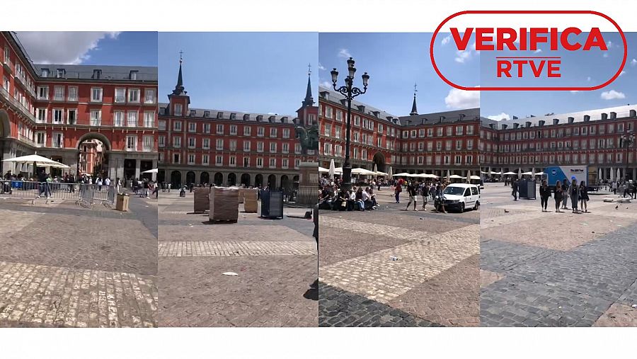 Capturas del vídeo que nos envía Más Madrid del estado de Plaza Mayor después del mitin celebrado el sábado 20 de mayo. Con el sello VerificaRTVE en rojo.