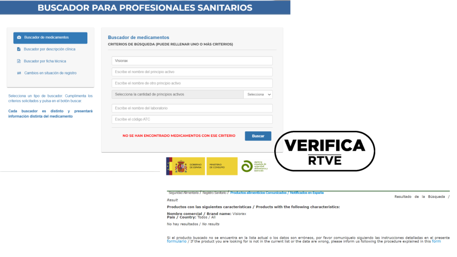 Imagen que muestra que Visiorax no está reconocido como medicamento en el registro de la AEMPS ni como suplemento alimenticio en la AESAN, con el sello VerificaRTVE en negro