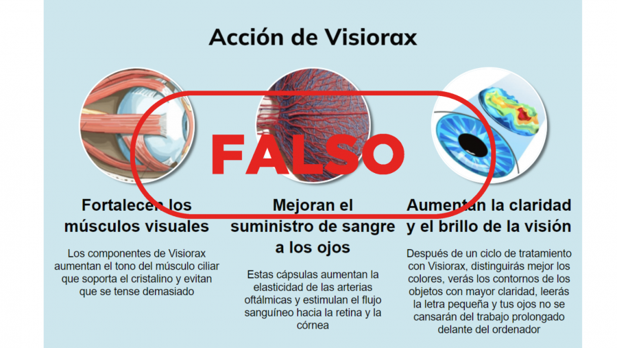 Captura del portal web donde aparecen algunos falsos beneficios que se le atribuyen a Visiorax, con el sello Falso en rojo