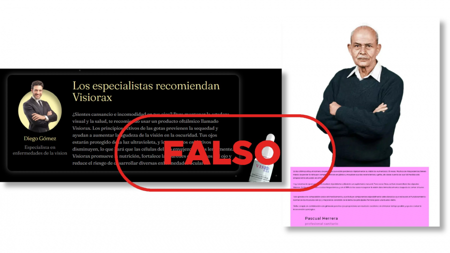 Fotografías de dos personas que son presentados como médicos en dos páginas web que promocionan Visiorax, pero que en realidad están extraídas de bancos de imágenes, con el sello Falso en rojo