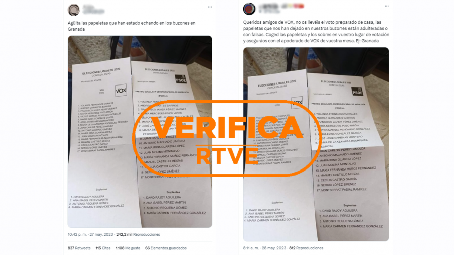 Mensajes de Twitter que comparten las papeletas erróneas buzoneadas en Atarfe (Granada), afirmando que en ellas aparecen los nombres de los candidatos de otro partido político. Con el sello VerificaRTVE naranja.
