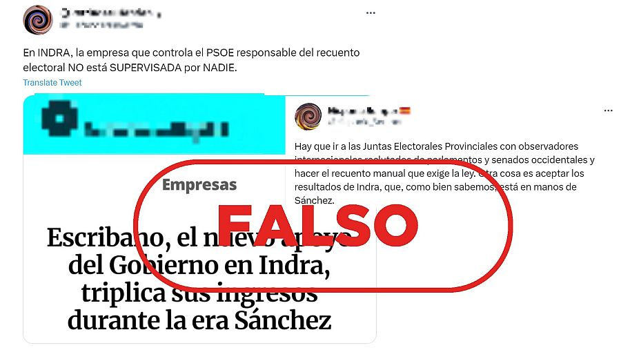 Mensajes que difunden la falsa idea de que INDRA realiza el recuento en las elecciones. Con el sello falso en rojo.