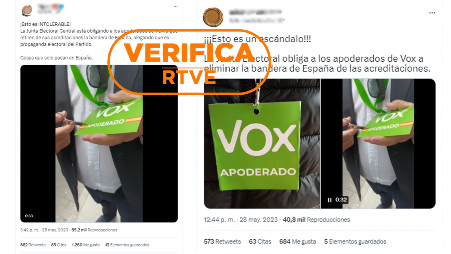 Mensajes de Twitter que difunden que la Junta Electoral prohíbe el uso de la bandera de España en las acreditaciones de apoderados de Vox, con el sello 'VerificaRTVE' en naranja