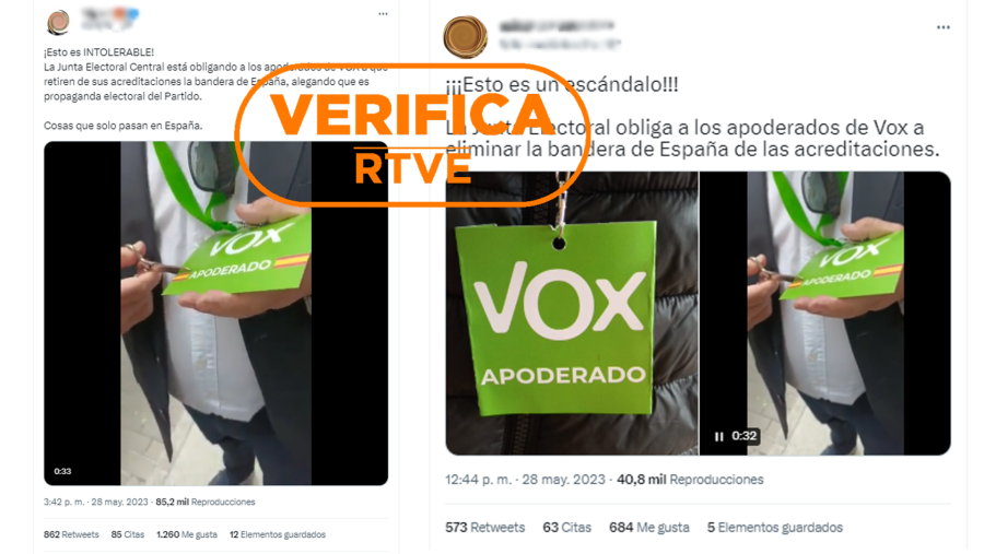 Mensajes de Twitter que difunden que la Junta Electoral prohíbe el uso de la bandera de España en las acreditaciones de apoderados de Vox, con el sello 'VerificaRTVE' en naranja