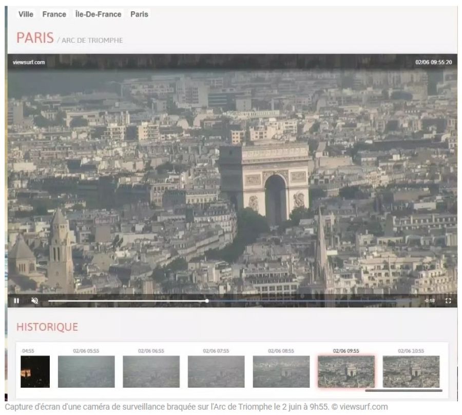 Captura realizada por Les Observateurs de la señal en directo del Arco del Triunfo el 2 de junio de 2023 en Viewsurf.com.