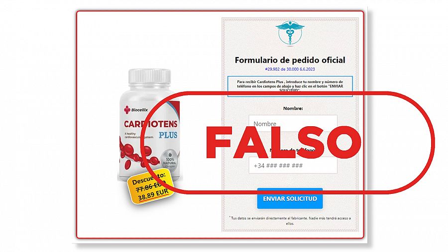 Captura del formulario de pedido del falso medicamento CardiotensPlus. Con el sello falso en rojo.