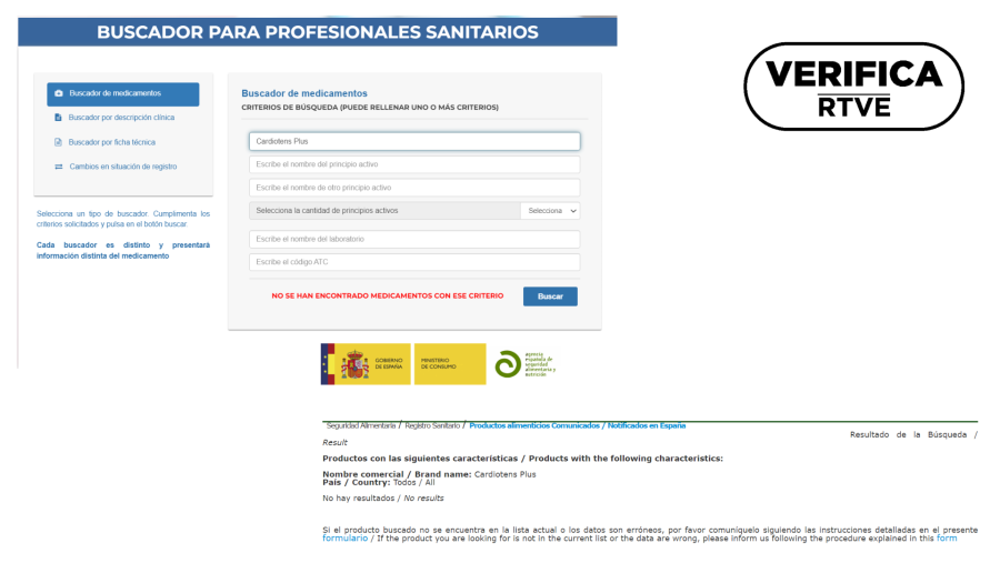 Capturas de la búsqueda de 'Cardiotens Plus' en los registros de AEMPS y AESAN. Con el sello VerificaRTVE en negro.