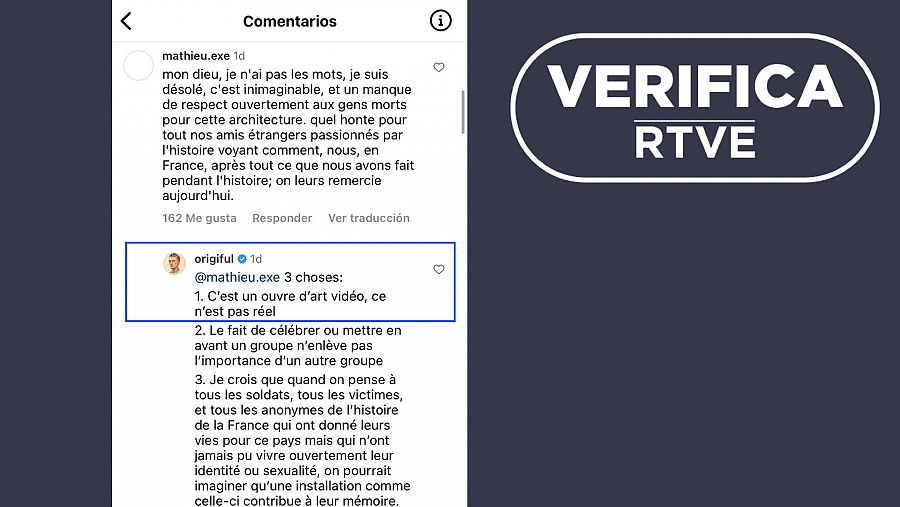 Captura del comentario del artista Ian Padgham en Instagram confirmando que la obra del Arco del Triunfo de París 