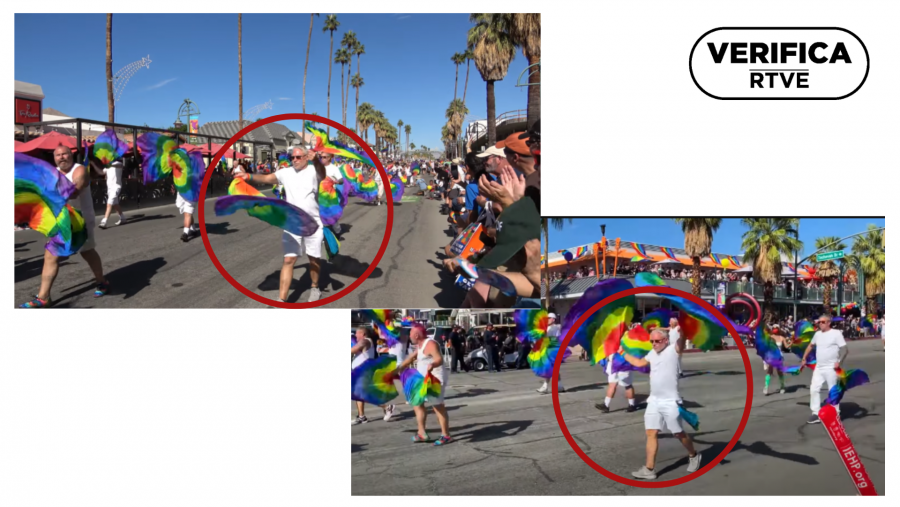 Capturas de YouTube que muestran al hombre con una camiseta blanca lisa durante el desfile del Orgullo en California, con el sello 'VerificaRTVE' en negro
