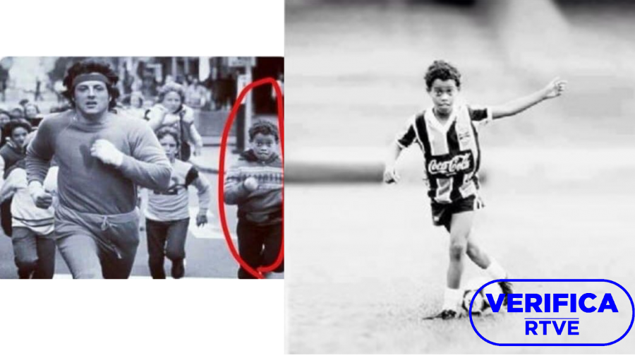 A la izquierda, Ronaldinho de pequeño con la camiseta de Gremio; a la derecha, imagen manipulada a partir de un fotograma de 'Rocky II' con el sello de VerificaRTVE