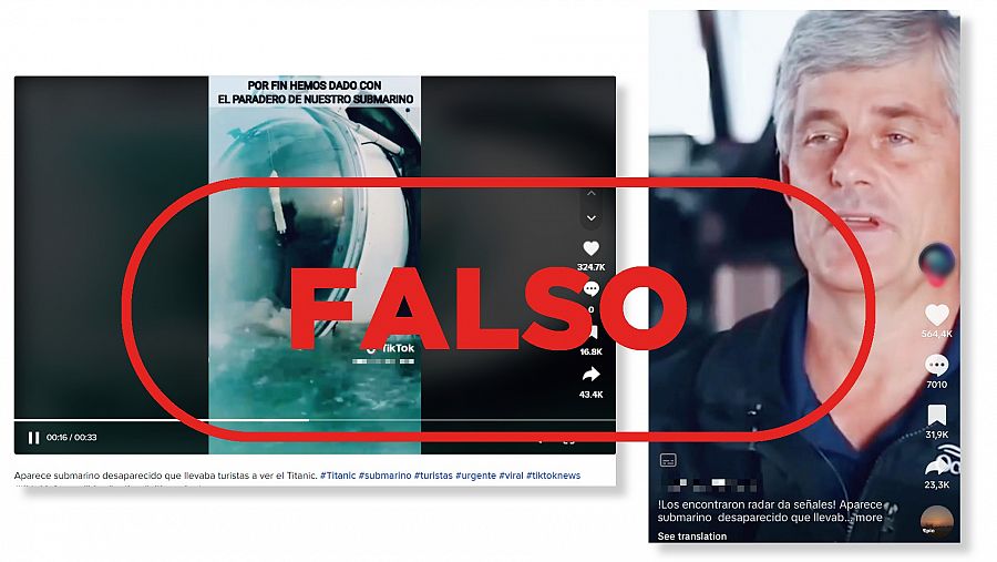 Vídeos en TikTok que difunden la falsa idea de que se ha encontrado el submarino Titan, con el sello Falso de VerificaRTVE en rojo