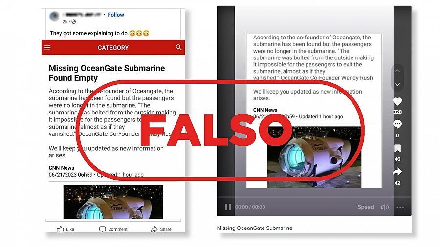 Mensajes que difunden el bulo de que la CNN ha informado del hallazgo del sumergible Titan, con el sello Falso de VerificaRTVE en rojo