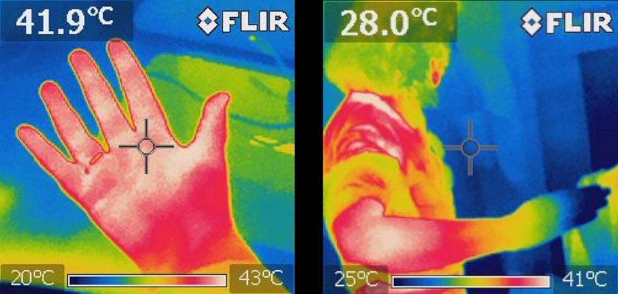 Una mano y un torso con brazo de colores cálidos que representan el calor.