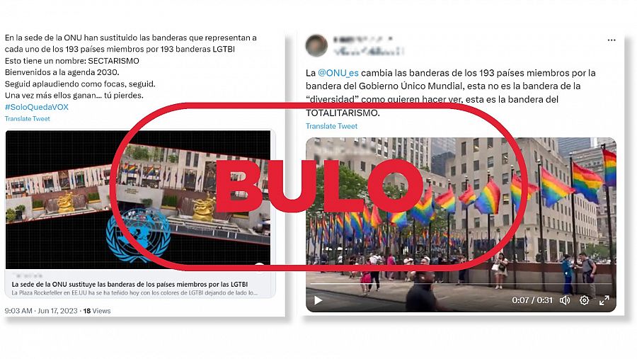 Mensajes en redes que difunden el bulo de que la sede de la ONU ha cambiado las banderas de 193 países por la del colectivo LGTBI, con el sello Bulo de VerificaRTVE en rojo