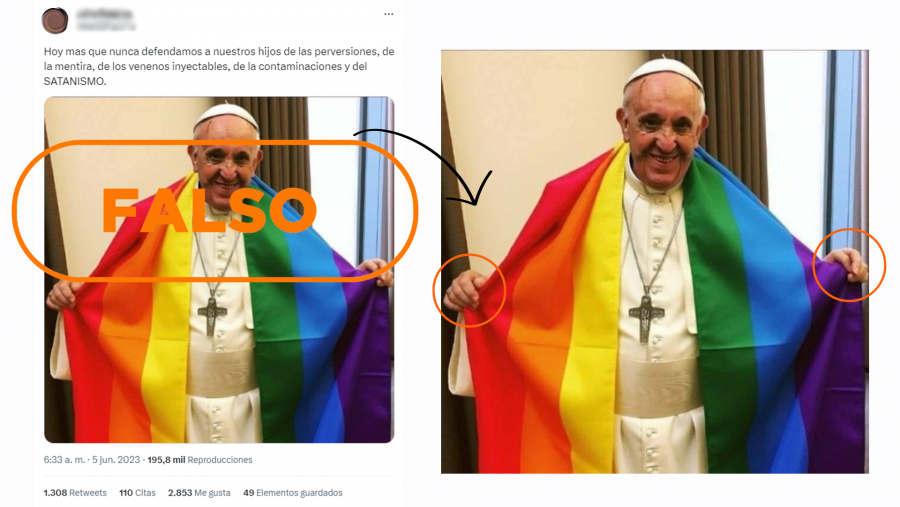 A la izquierda, mensaje de Twitter que difunde la imagen del Papa Francisco generada por Inteligencia Artificial. A la derecha, misma imagen donde aparecen señalados los elementos defectuosos, con el sello Falso de VerificaRTVE en naranja