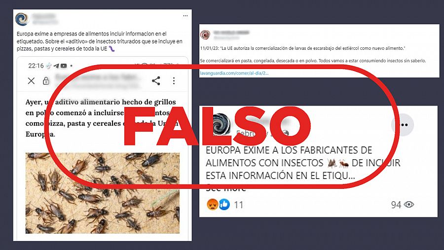 Mensajes que difunden la falsedad de que la UE ha autorizado el uso de insectos en alimentos sin informar de ello en el etiquetado con el sello: Falso
