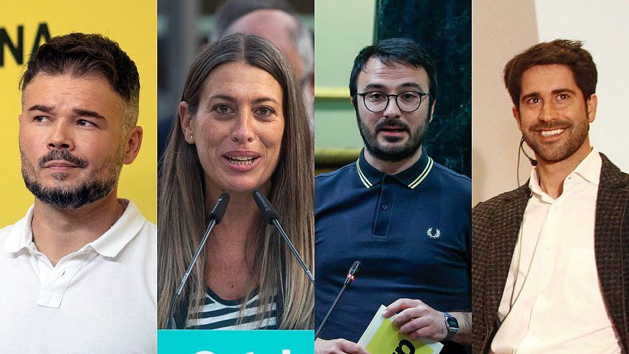 De izquierda a derecha, Gabriel Rufián (ERC), Míriam Nogueras (Junts), Albert Botran (CUP) y Roger Montañola (PDeCAT)