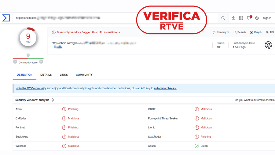 Análisis del enlace fraudulento en VirusTotal que alerta de phishing y contenido malicioso, con el sello VerificaRTVE en rojo