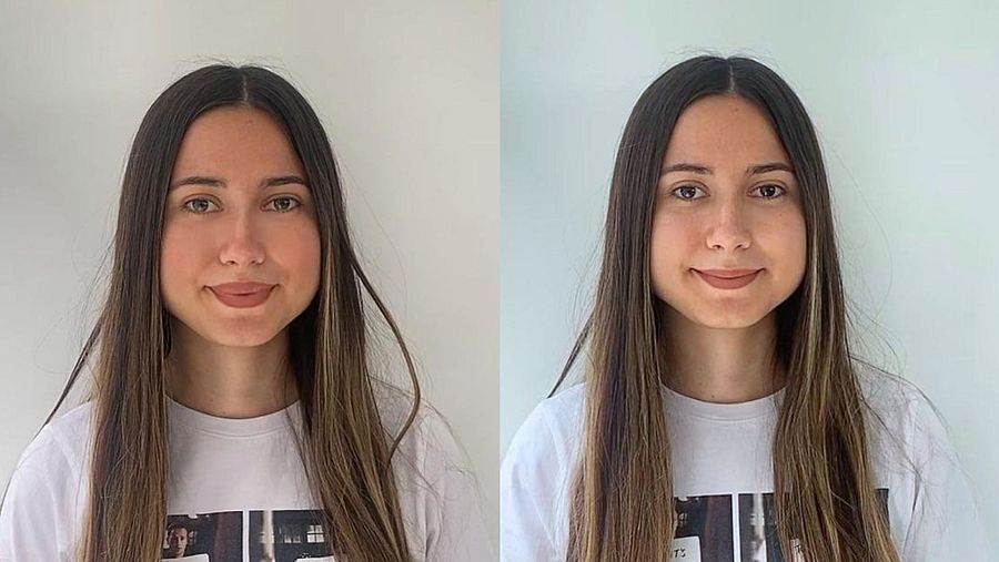 Dos fotos de una chica. Una de las fotos tiene aplicado el filtro 'Savage' de TikTok y la otra foto no tiene ningún filtro.