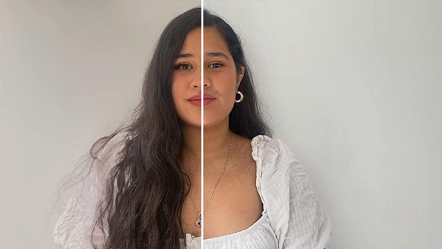 Una chica con una línea divisoria en su cara. Un lado tiene aplicado el filtro 'Cute Makeup x Paige' y el otro lado no tiene ningún filtro