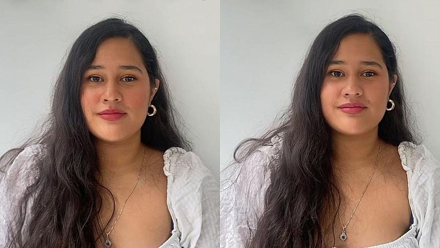Dos fotos de una chica. Una de las fotos tiene aplicado el filtro 'Brown Makeup' de TikTok y la otra foto no tiene ningún filtro.