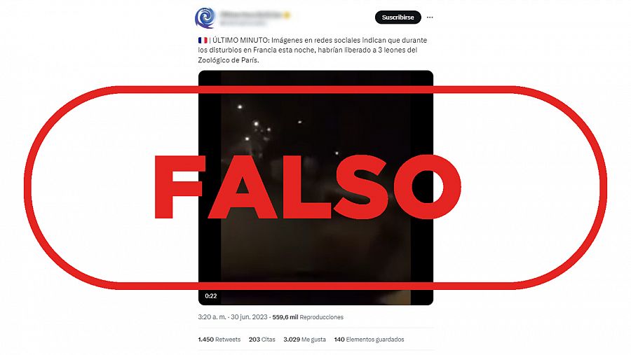 Mensaje de Twitter que difunde como si fuera actual un vídeo de leones paseando por una calle de Saint-Denis, en Francia, con el sello falso en rojo de VerificaRTVE