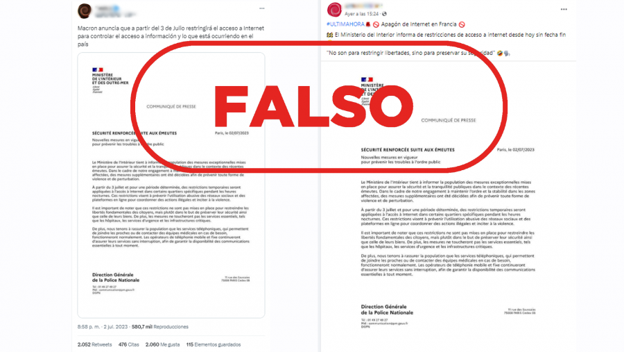 Mensajes de redes sociales que comparten un falso comunicado que anuncia restricciones en el acceso a Internet en Francia, con el sello Falso de VerificaRTVE en rojo