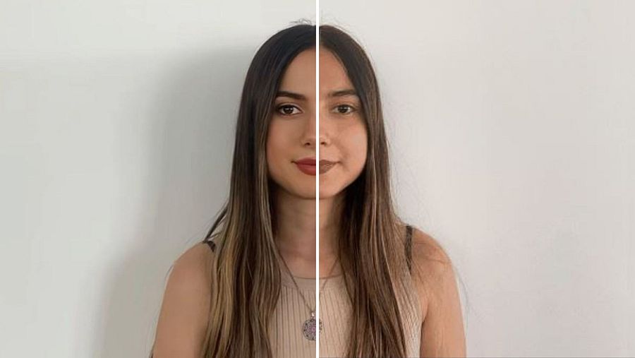 Una chica con una línea divisoria en su cara. Un lado tiene aplicado el filtro 'Bold Glamour' y el otro lado no tiene ningún filtro.