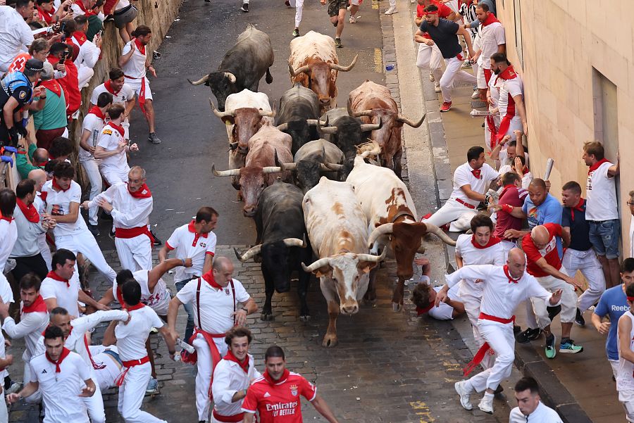Los toros de la ganadería de José Escolar enfilan la Cuesta de Santo Domingo en el segundo encierro de los sanfermines 2023.