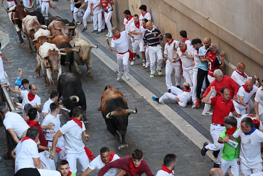Los toros de la ganadería de Fuente Ymbro a su paso por la Cuesta de Santo Domingo durante el cuarto encierro de los sanfermines 2023