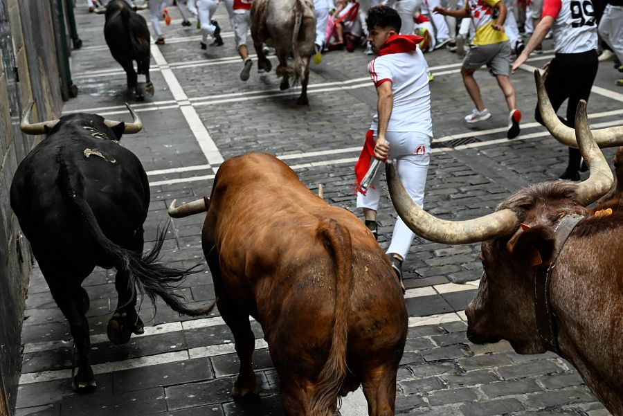 La manada de la ganadería de Núñez del Cuvillo enfila la calle Estafeta durante el quinto encierro de los sanfermines 2023