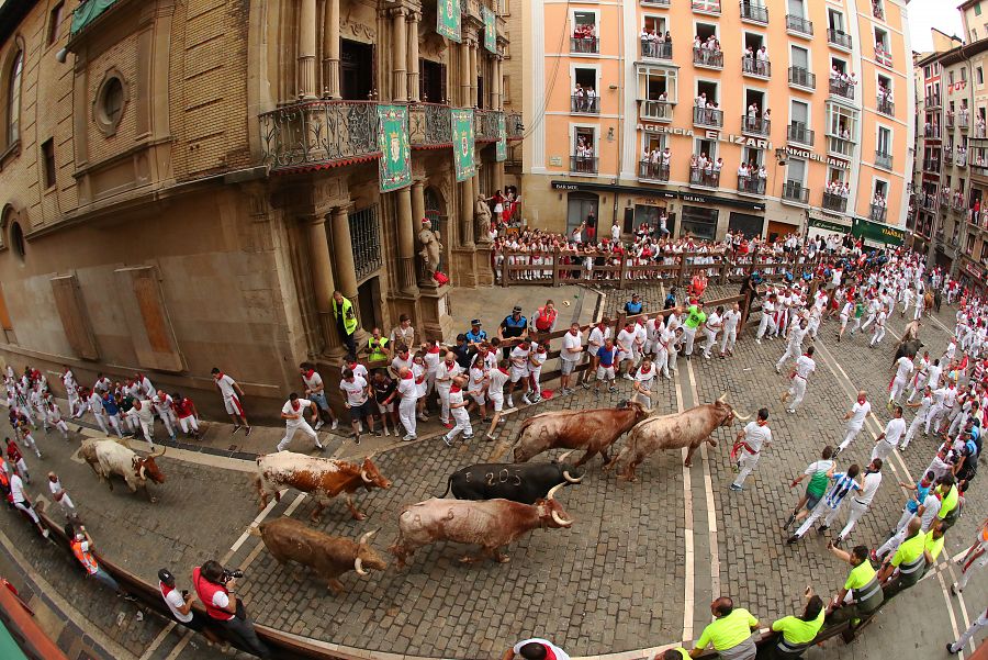 La manada de la ganadería de Núñez del Cuvillo a su paso por la plaza del Ayuntamiento durante el quinto encierro de los sanfermines 2023