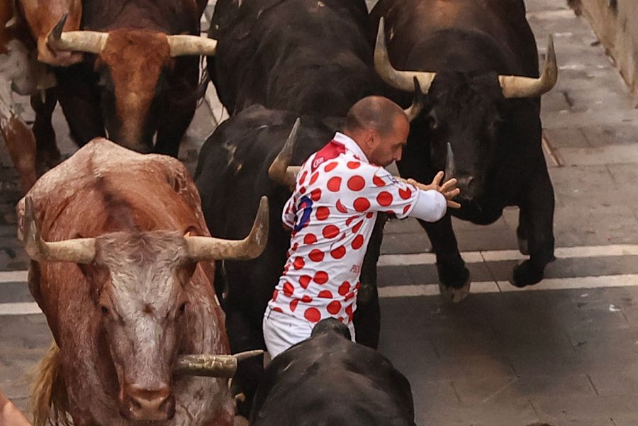 Los veloces toros de la ganadería de Jandilla en el tramo que va desde la curva de Mercaderes al inicio de Estafeta en este sexto encierro de los sanfermines