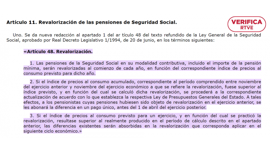 Artículo 48 de la Ley de Consolidación y Racionalización del Sistema de Seguridad Social con el sello: VerificaRTVE