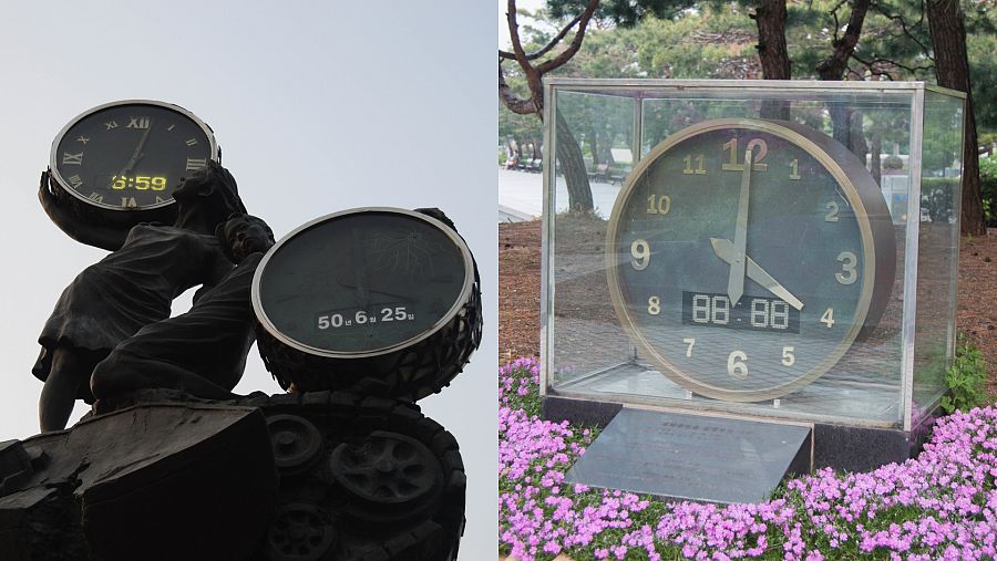 El reloj de la reunificación (izq.) y la Torre de la Paz (dcha.) en Seúl, Corea del Sur