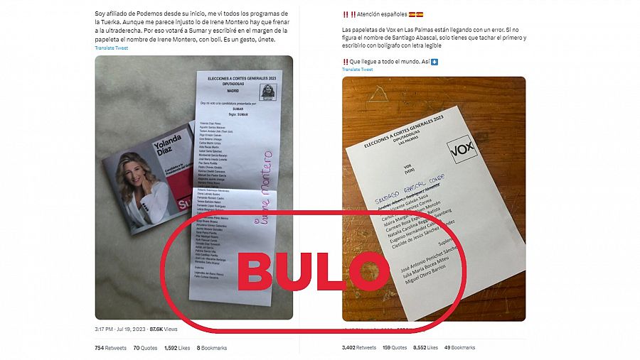 Mensajes que difunden el bulo sobre la validez de escribir el nombre de un candidato en una papeleta. Con el sello bulo en rojo.