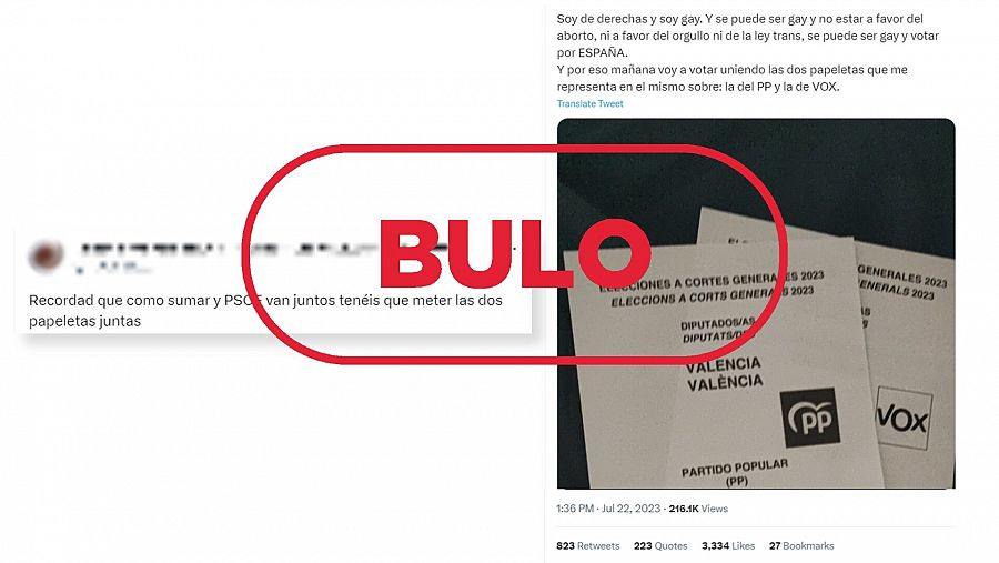 Mensajes que difunden el bulo sobre la validez de introducir papeletas de partidos diferentes en un mismo sobre. Con el sello bulo en rojo.