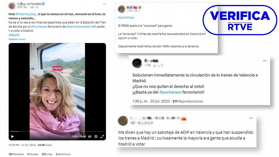 Mensajes de redes que hablan de pucherazo por la incidencia de trenes en el tramo de Valencia-Madrid. Con el sello VerificaRTVE en azul.