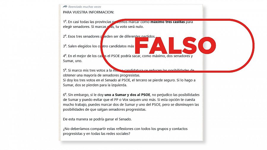 Mensaje de WhatsApp que dice que dar tres votos a la misma candidatura en el Senado reduce las posibilidades de 'una mayoría de senadores progresistas'. Con el sello falso en rojo.