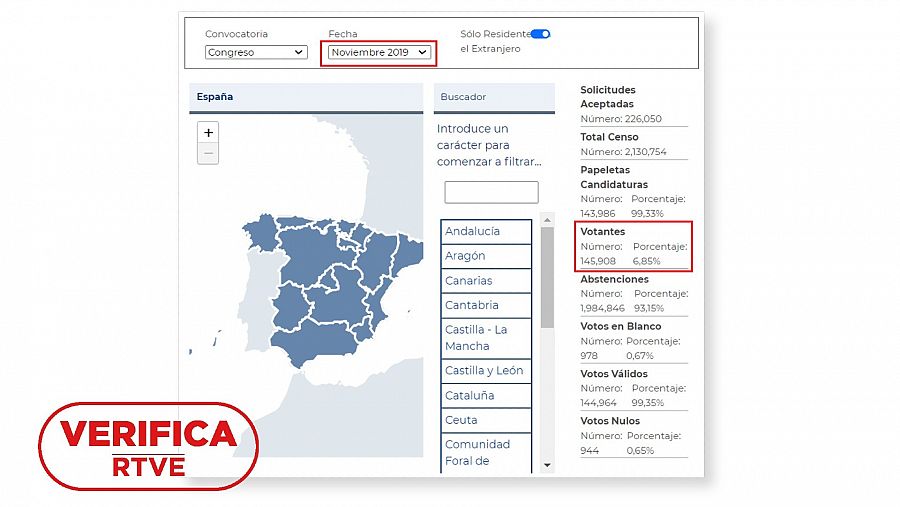 Mapa electoral del Ministerio del Interior sobre el resultado del voto CERA en las elecciones del 10 de noviembre de 2019. Con el sello VerificaRTVE en rojo.