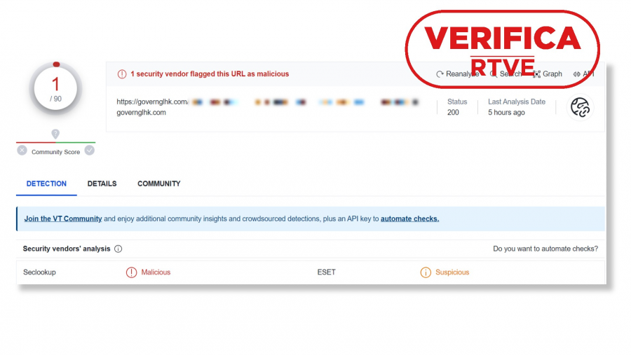 Captura de la página 'VirusTotal' que alerta de contenido malicioso.