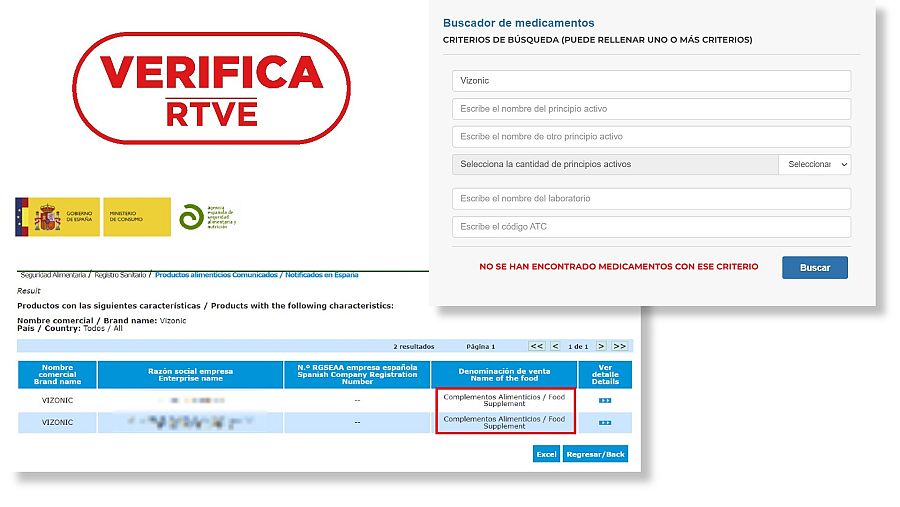 Capturas de la búsqueda 'Vizonic' en los registros de AEMPS y AESAN.