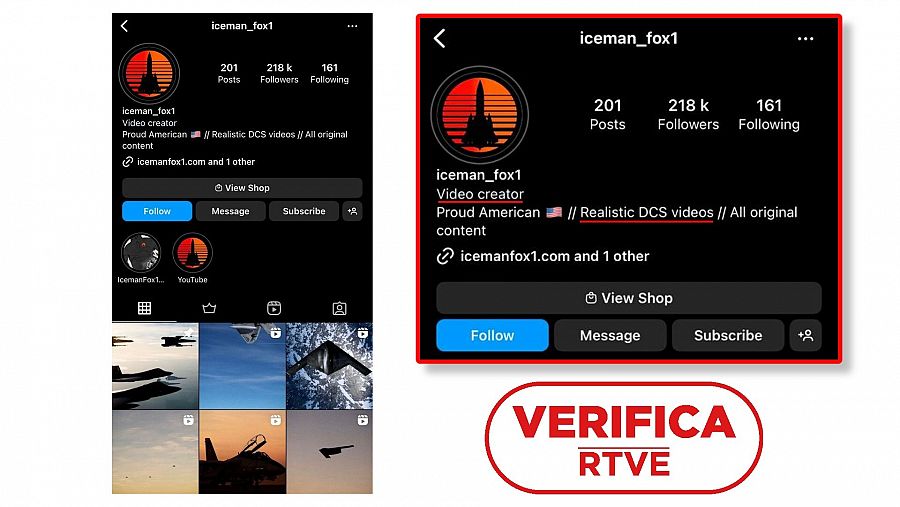 El perfil en Instagram del autor del vídeo del avistamiento de OVNIS creado con Digital Combat Simulator. A la derecha, una ampliación de su biografía donde leemos 'creador de vídeos'. Con el sello VerificaRTVE.