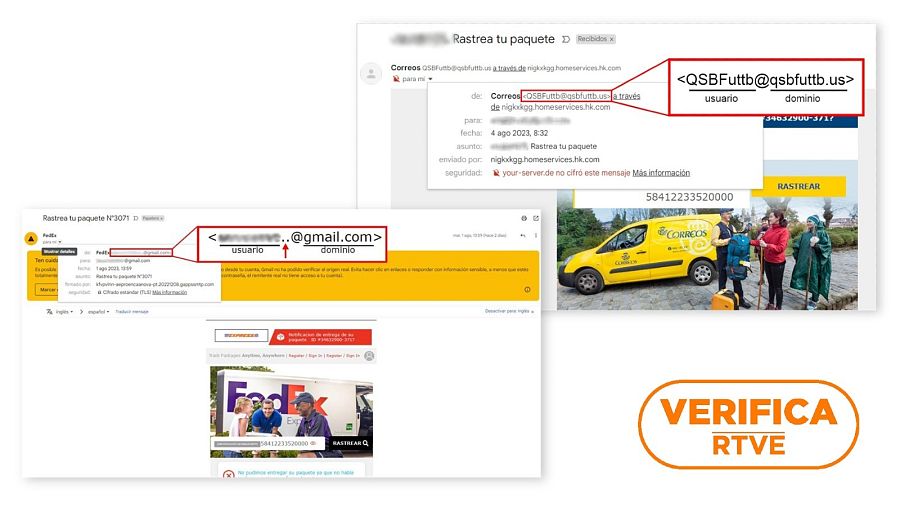 Direcciones del remitente que aparece en los correos fraudulentos que suplantan a FedEx y Correos con el sello: VerificaRTVE
